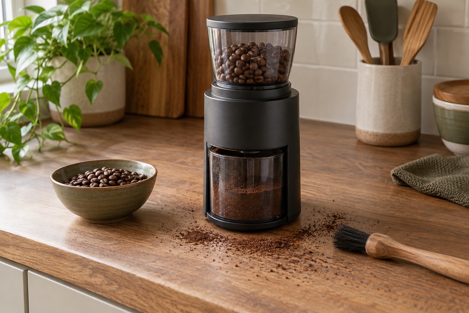Ground coffee scattered lightly around a generic burr grinder's grounds cup and a dry cleaning brush.