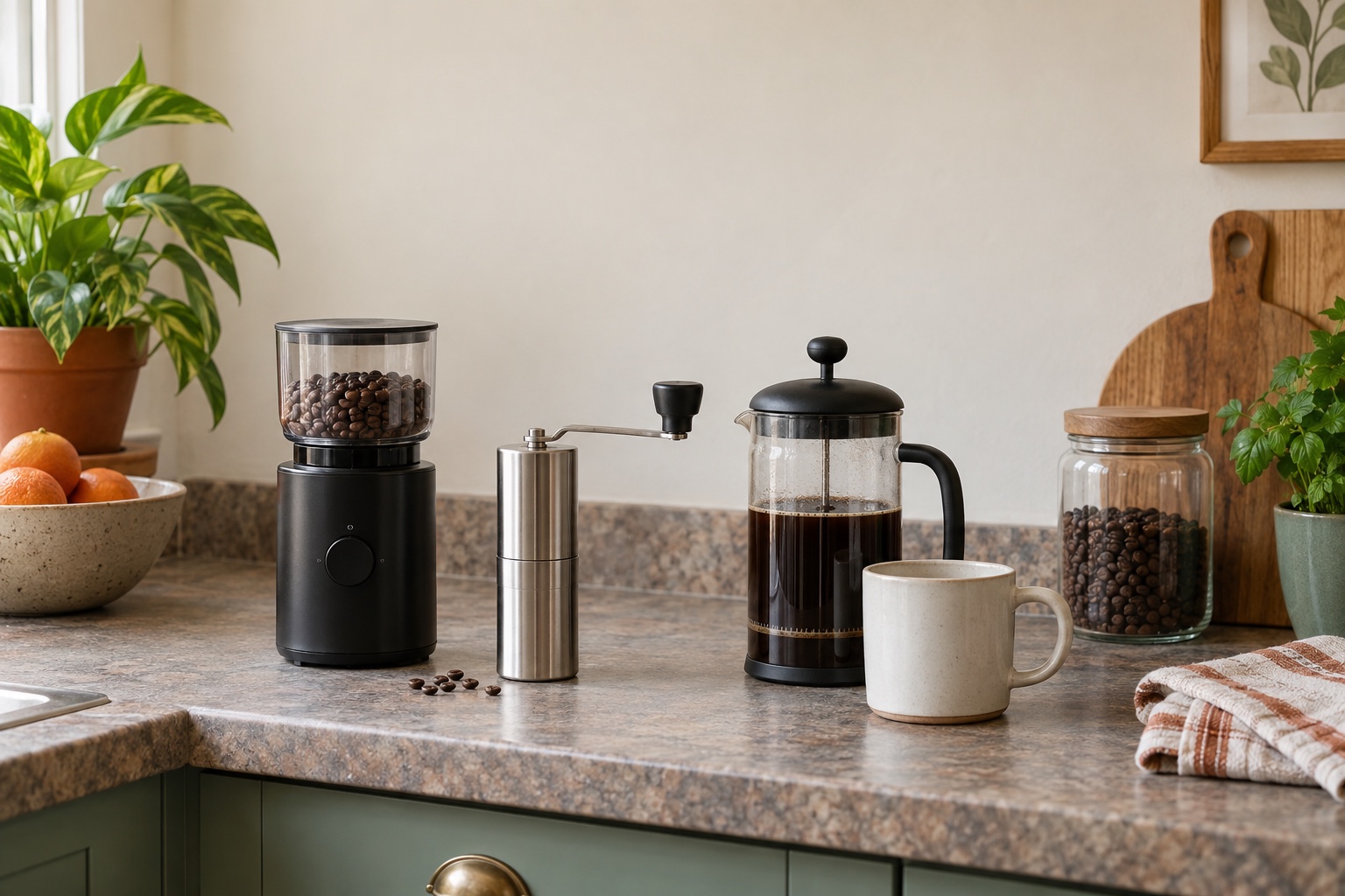 An unbranded compact electric grinder and hand grinder beside a cafetière in a modest home kitchen.