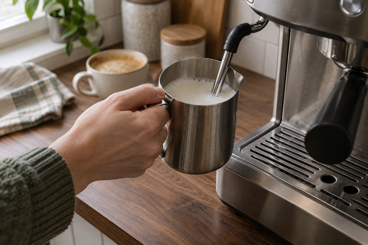 Home espresso steam wand positioned just below milk in a stainless-steel jug.