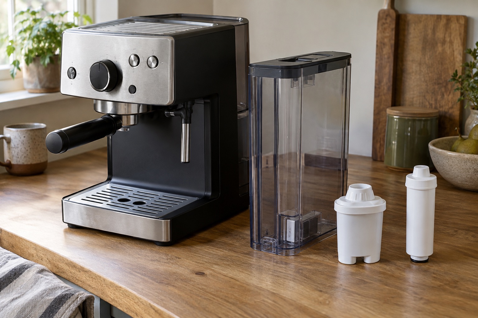 Removable espresso-machine water tank beside two different unbranded in-tank filter cartridges.
