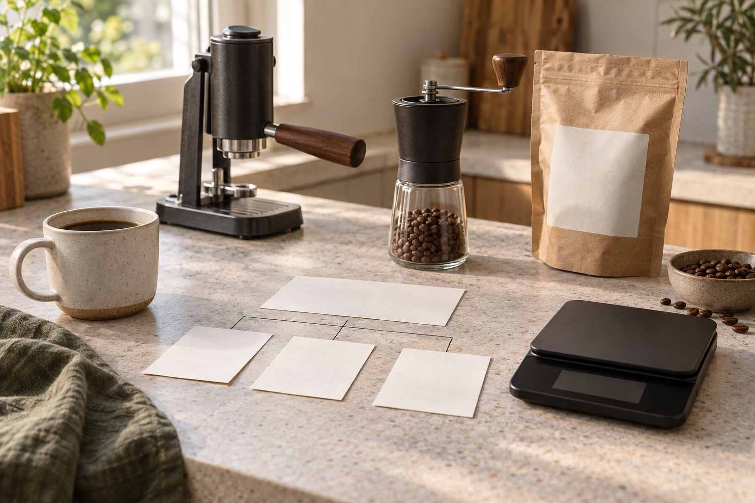 A generic espresso machine, grinder, scales and beans arranged for a budget planning article.