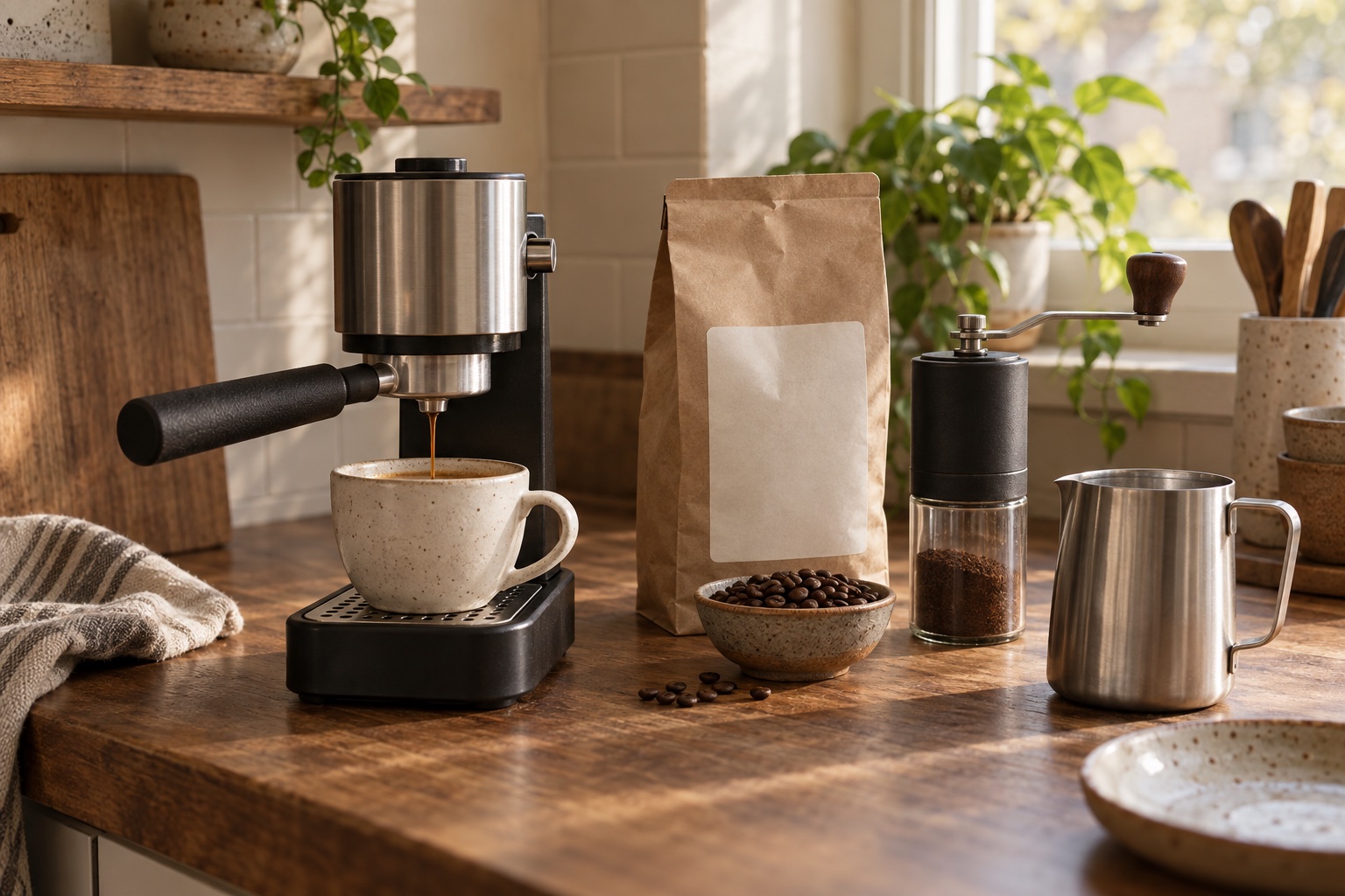 An attainable unbranded home espresso setup with a compact machine and simple accessories.