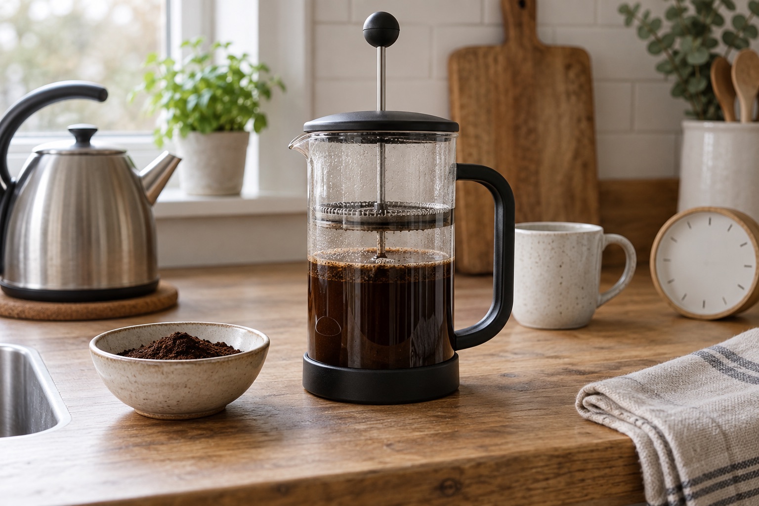 Unbranded glass cafetière, ground coffee and cups on a home kitchen worktop.