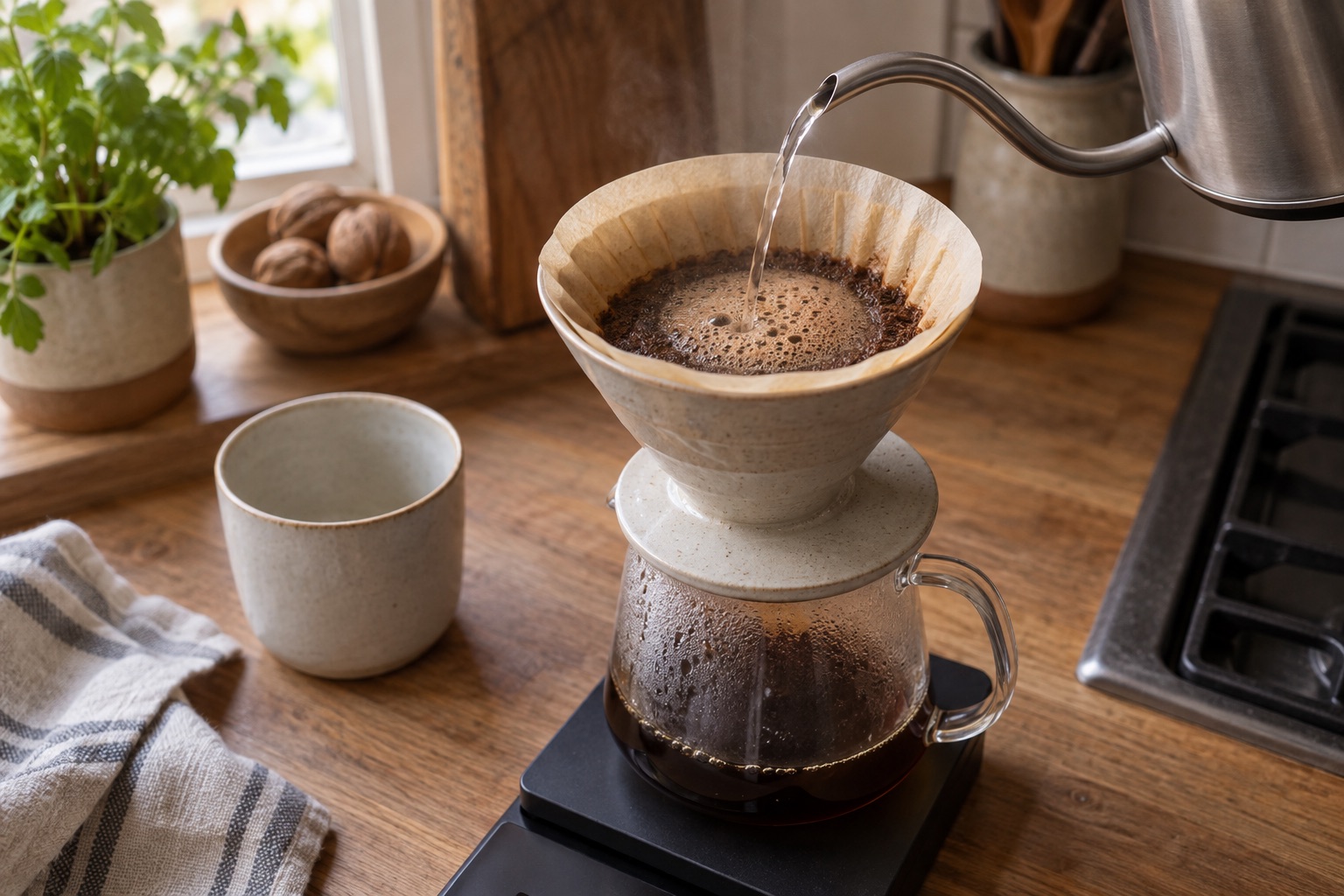 Plain kettle pouring water into a paper-lined cone dripper above a glass coffee server.