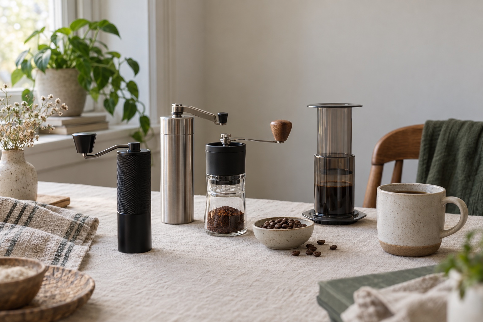 Three unbranded hand coffee grinders arranged beside a manual brewer and ceramic cup.
