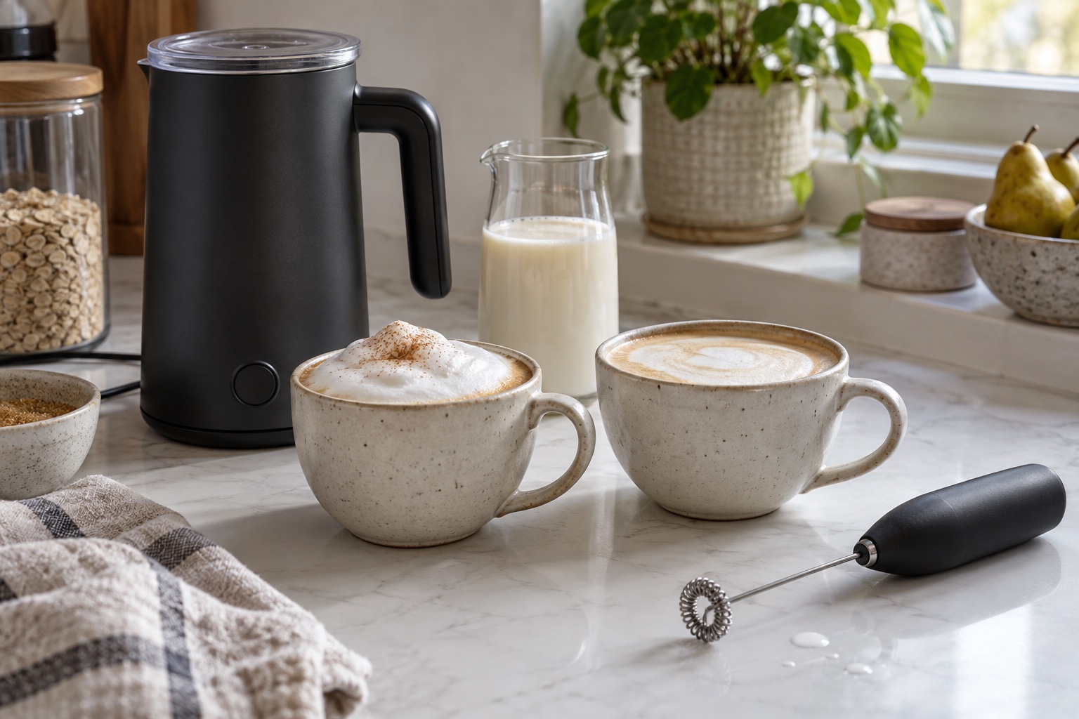 Electric jug frother and handheld whisk on a kitchen counter.