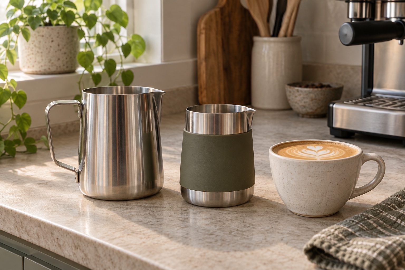 A handled steel milk pitcher and a smaller handleless pitcher beside a flat white in a home kitchen.