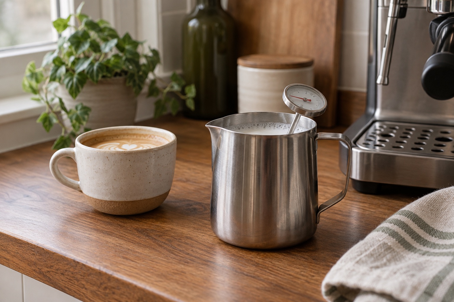Milk thermometer in a stainless steaming jug beside a home coffee cup.