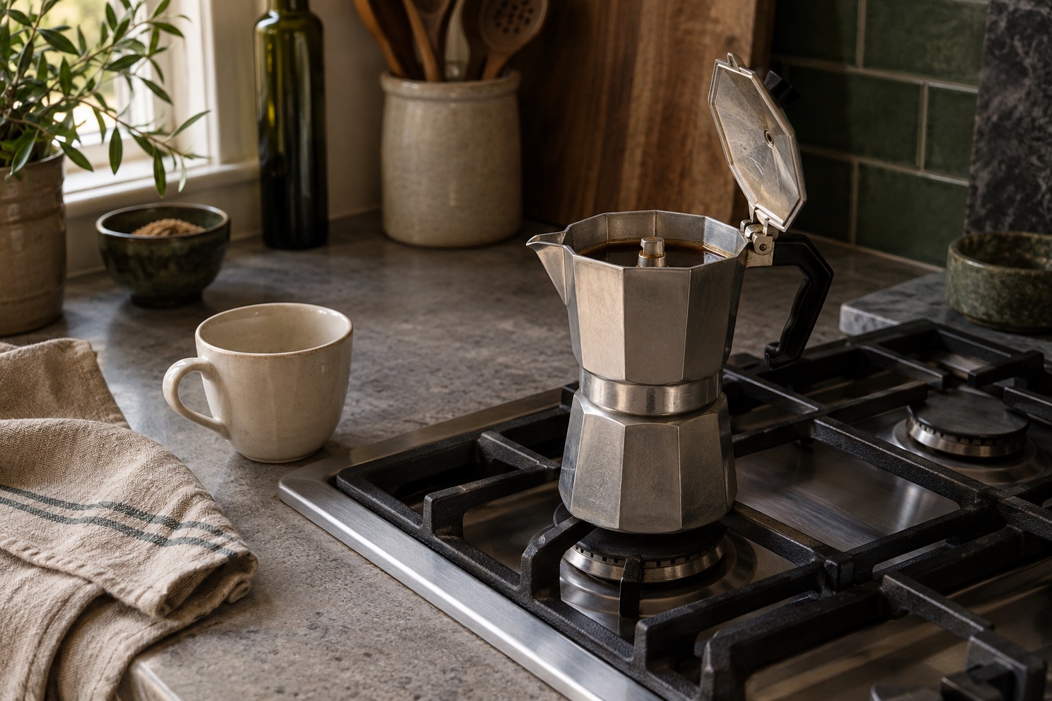 Open unbranded aluminium moka pot on an unlit kitchen hob beside a ceramic cup.