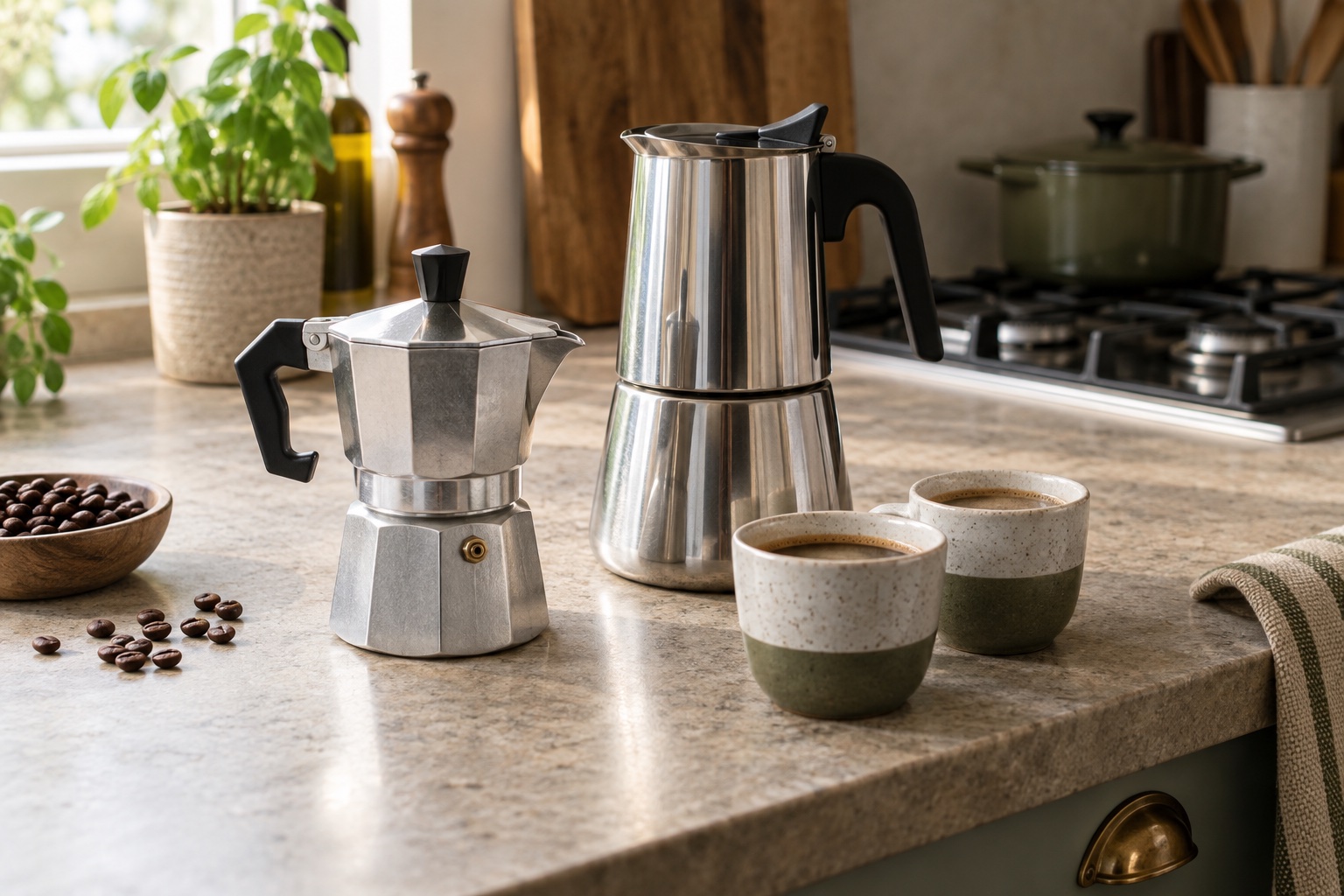 Generic aluminium and stainless steel stovetop moka pots with short coffee cups.
