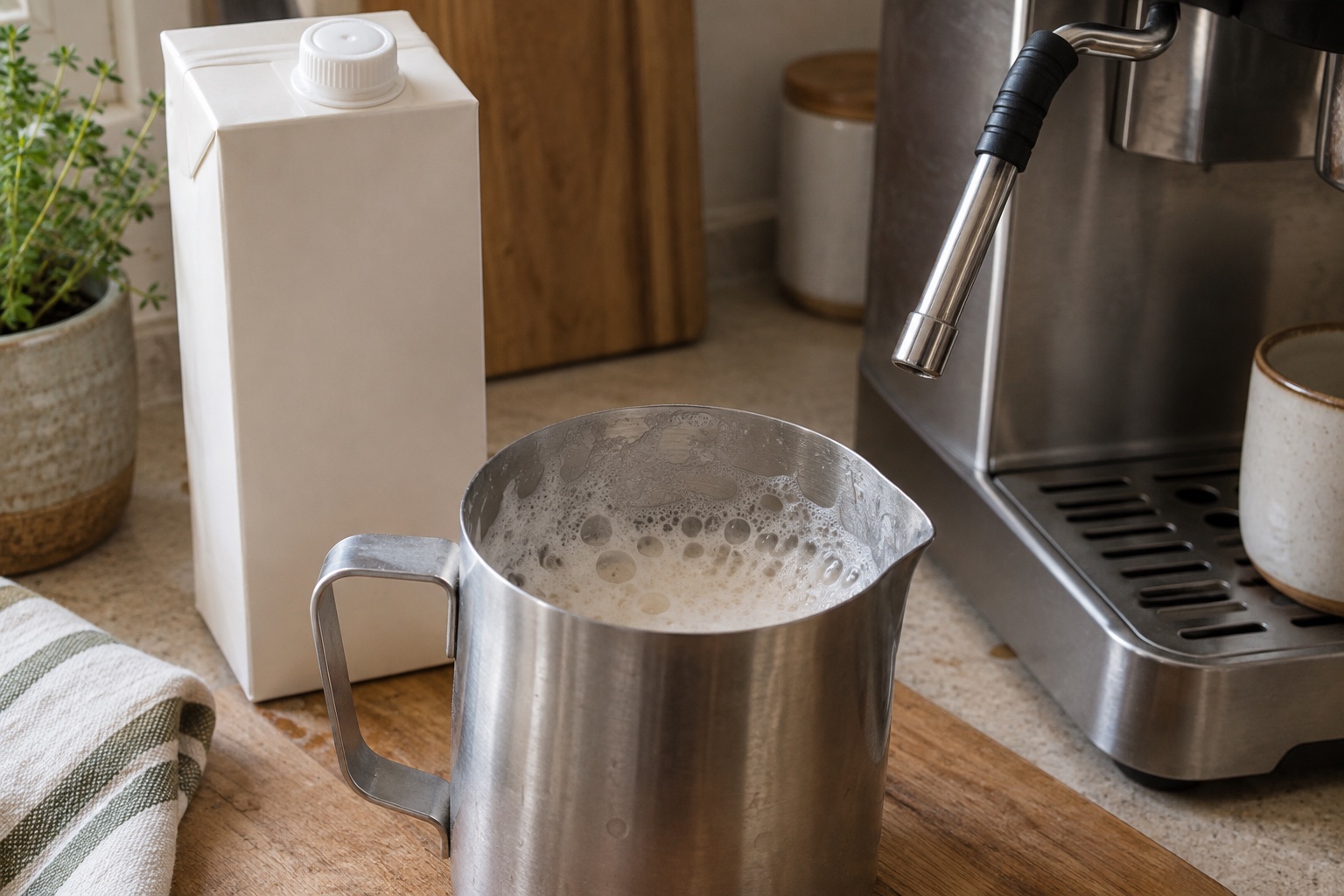 Large bubbles in oat drink inside a milk jug beside a plain carton and steam wand.
