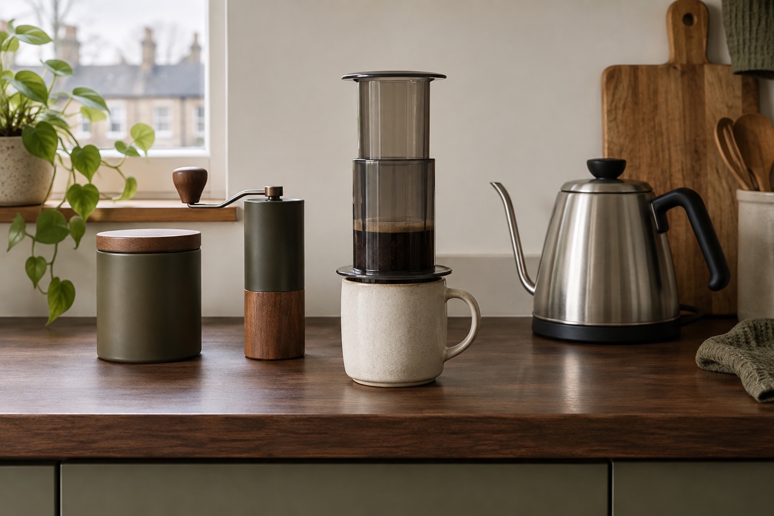 Single-cup manual brewer on a mug beside a hand grinder, bean tin and kettle.