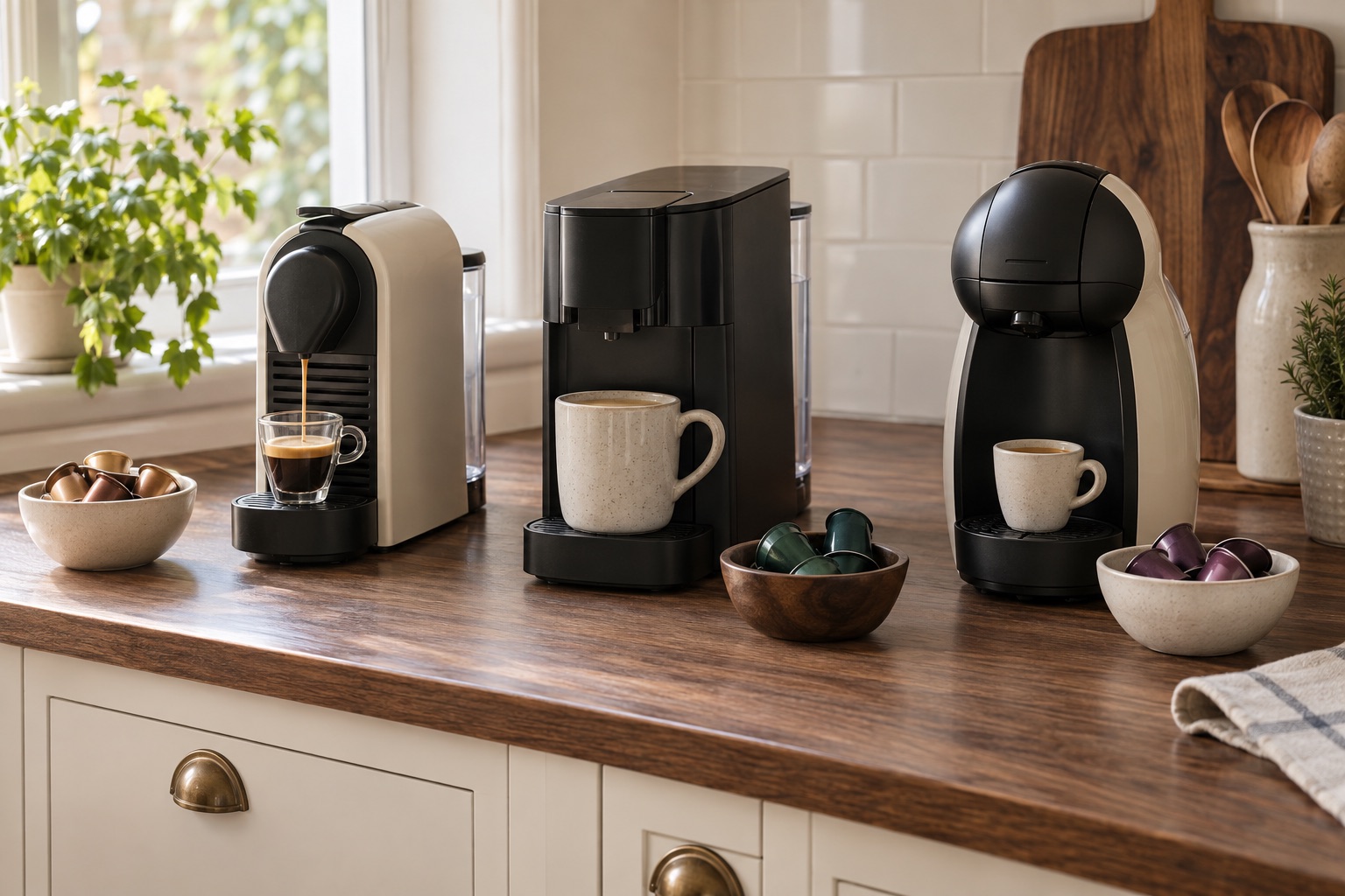 Generic capsule coffee equipment beside espresso and mug-size cups.