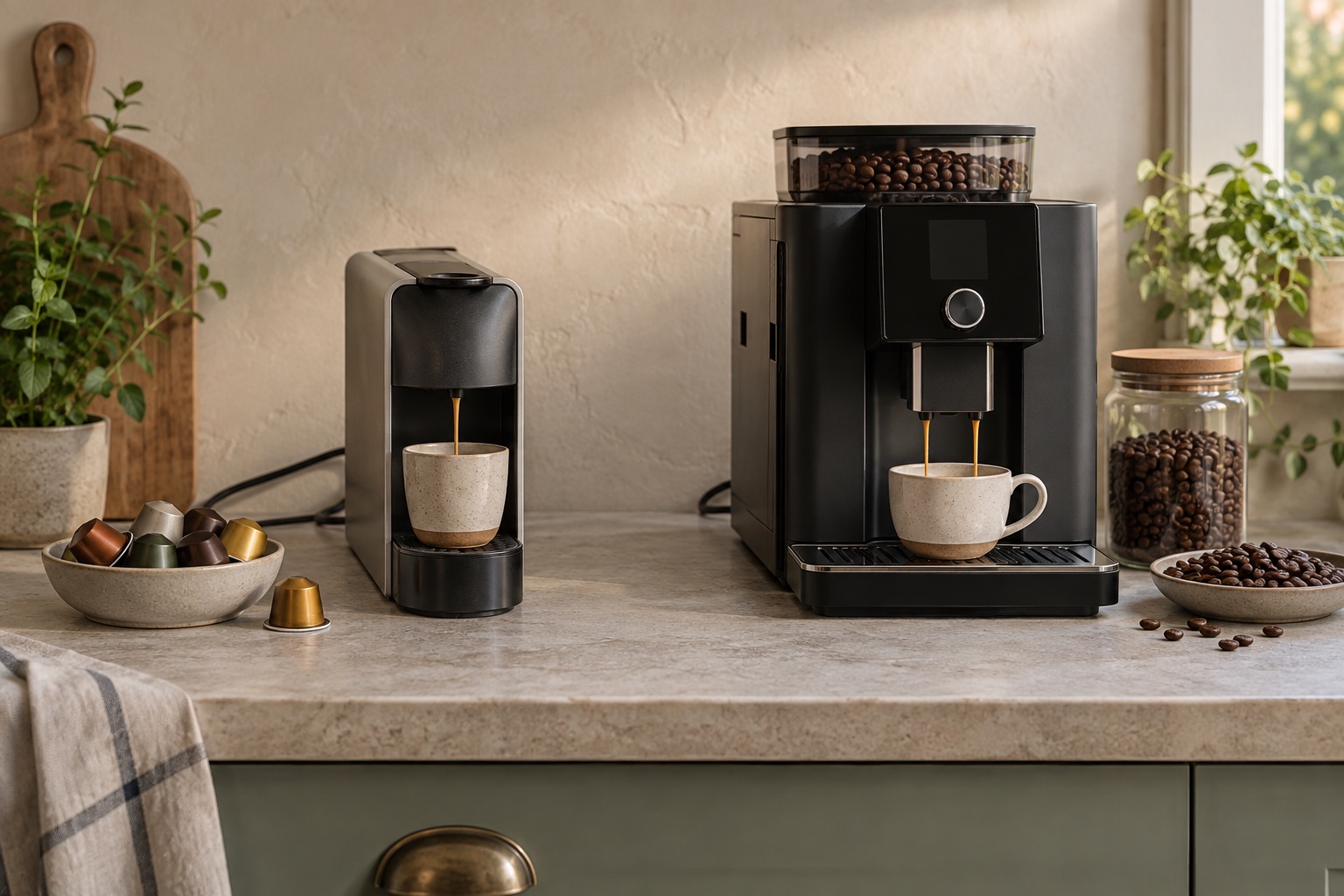 Generic capsule and bean-to-cup coffee machines side by side in a home kitchen.