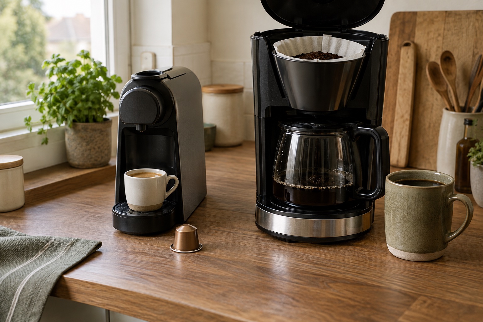 Compact pod coffee maker beside a separate filter machine with paper basket and glass carafe.