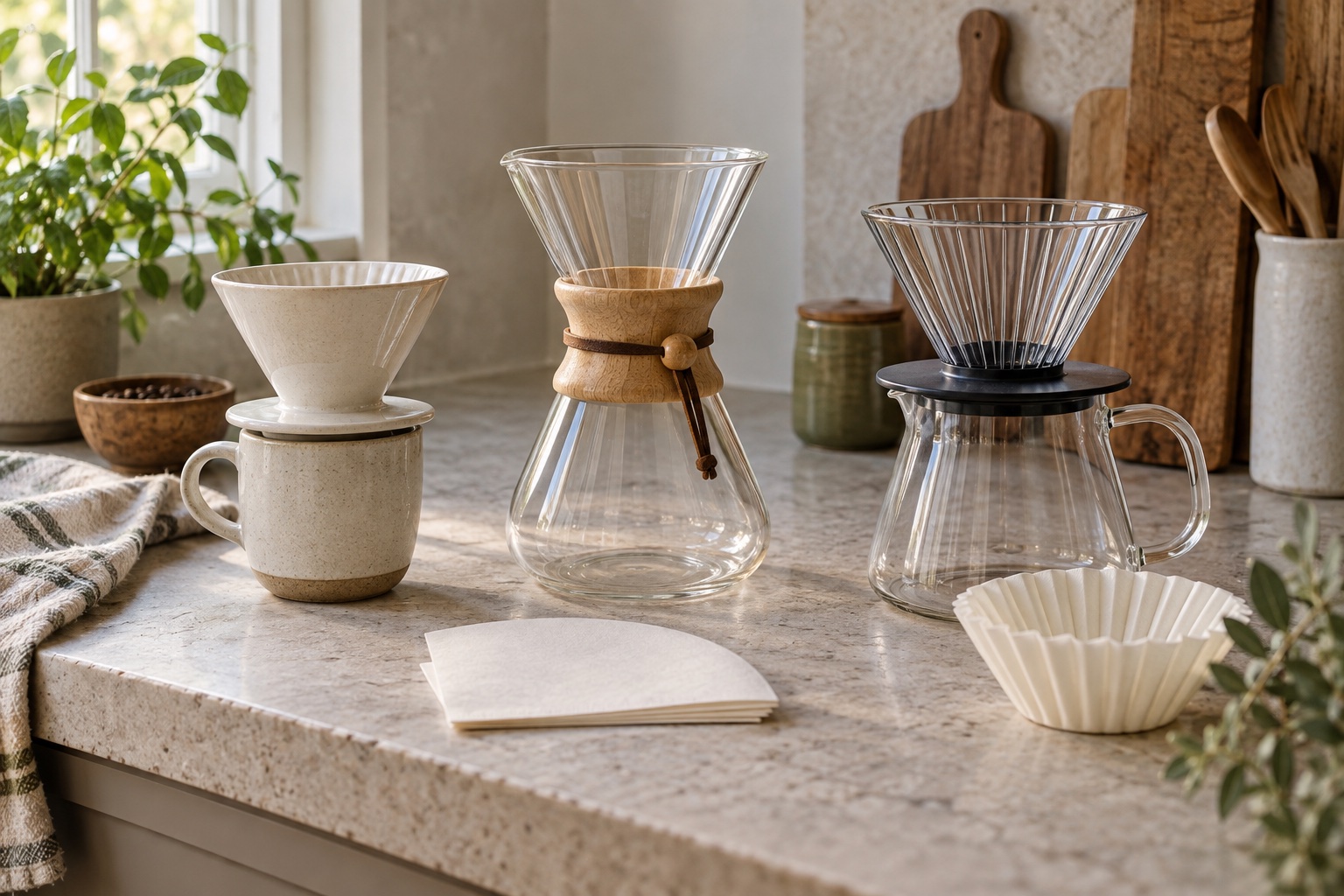 Cone and flat-bottom pour-over drippers beside a glass server on a kitchen counter.