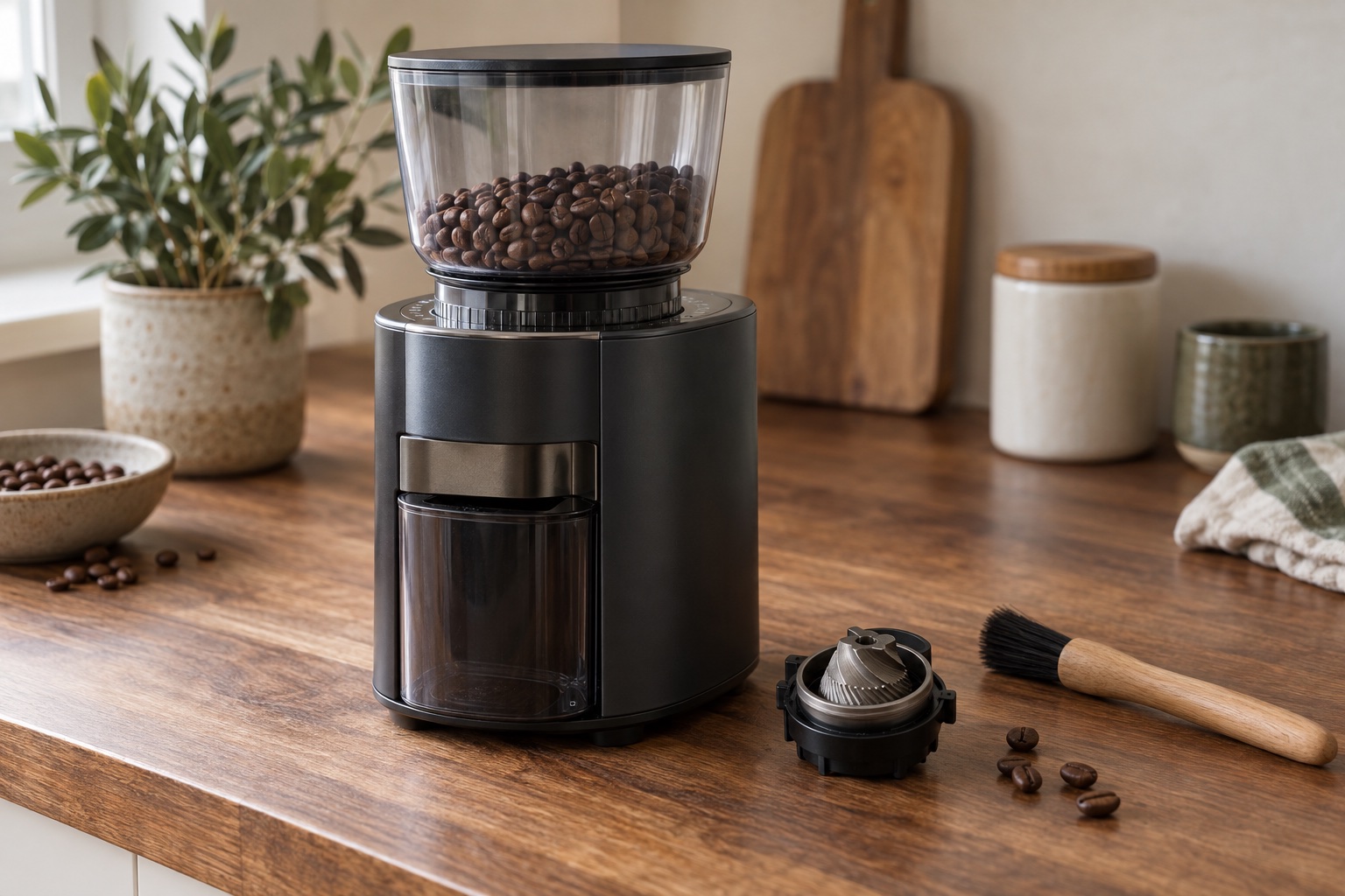 Compact electric grinder beside its small removable upper burr carrier and a dry cleaning brush.