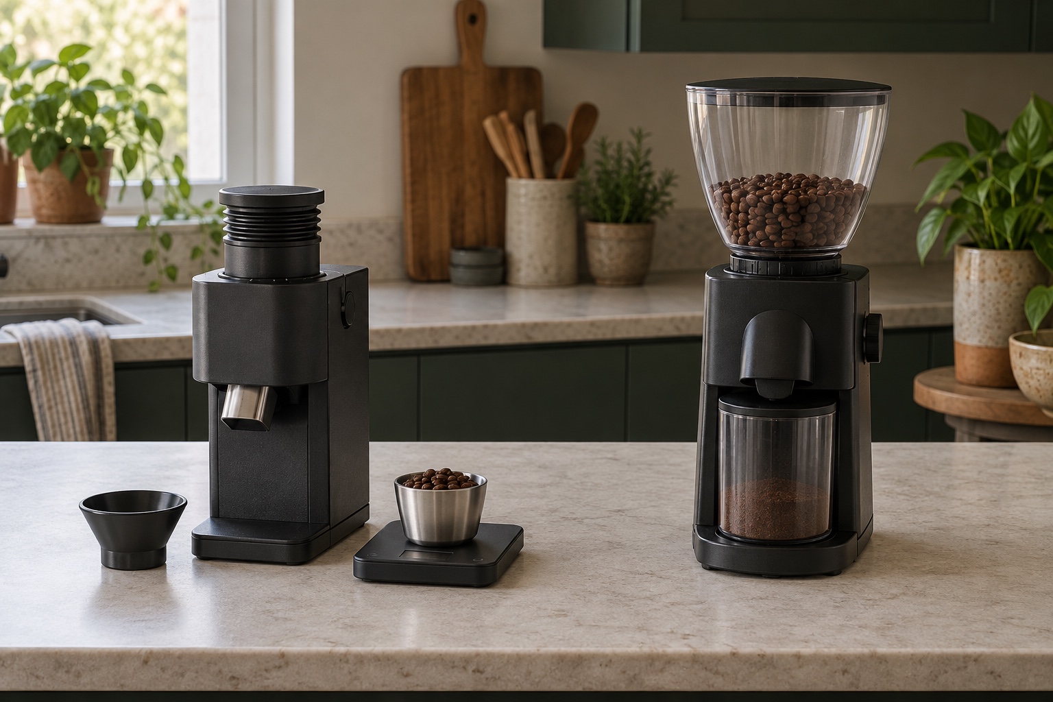 Two unbranded grinders showing a measured single-dose setup beside a traditional bean hopper setup.