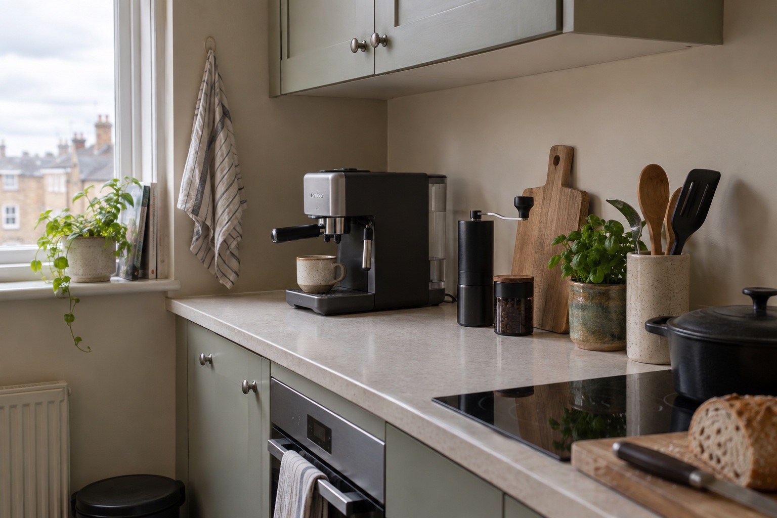 A compact unbranded coffee setup on a narrow flat kitchen worktop.