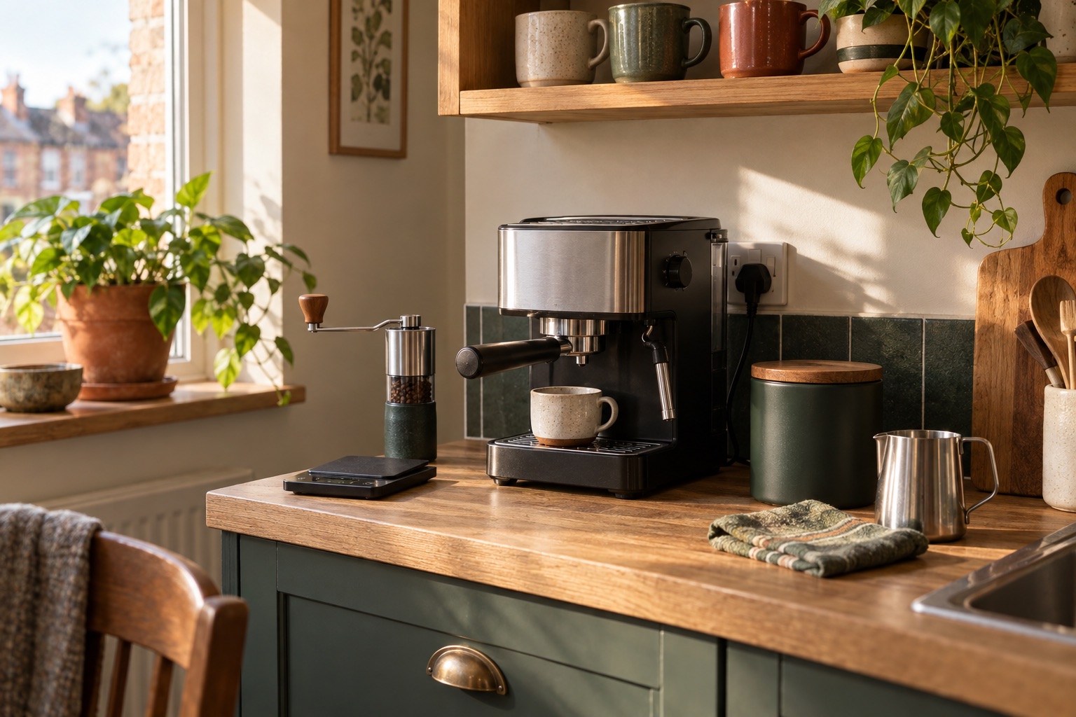 Compact unbranded espresso setup with grinder, scale, cloth and milk jug.
