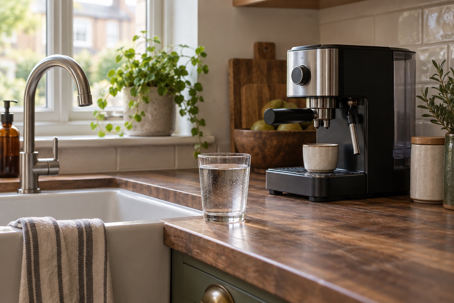 Glass of drinking water between a kitchen tap and a compact espresso machine.