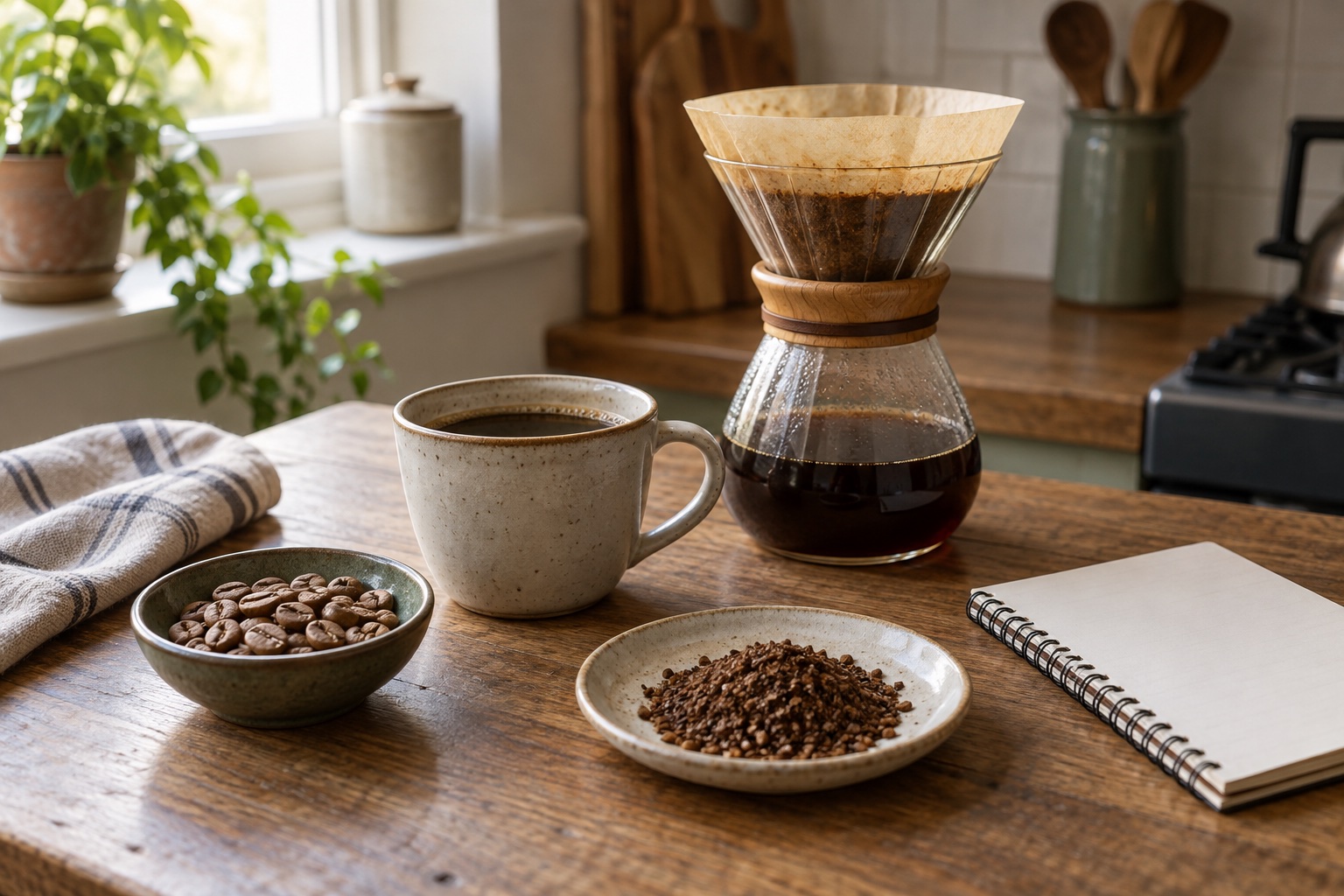 Pour-over coffee, beans and coarse grounds beside a blank notebook on a kitchen table.
