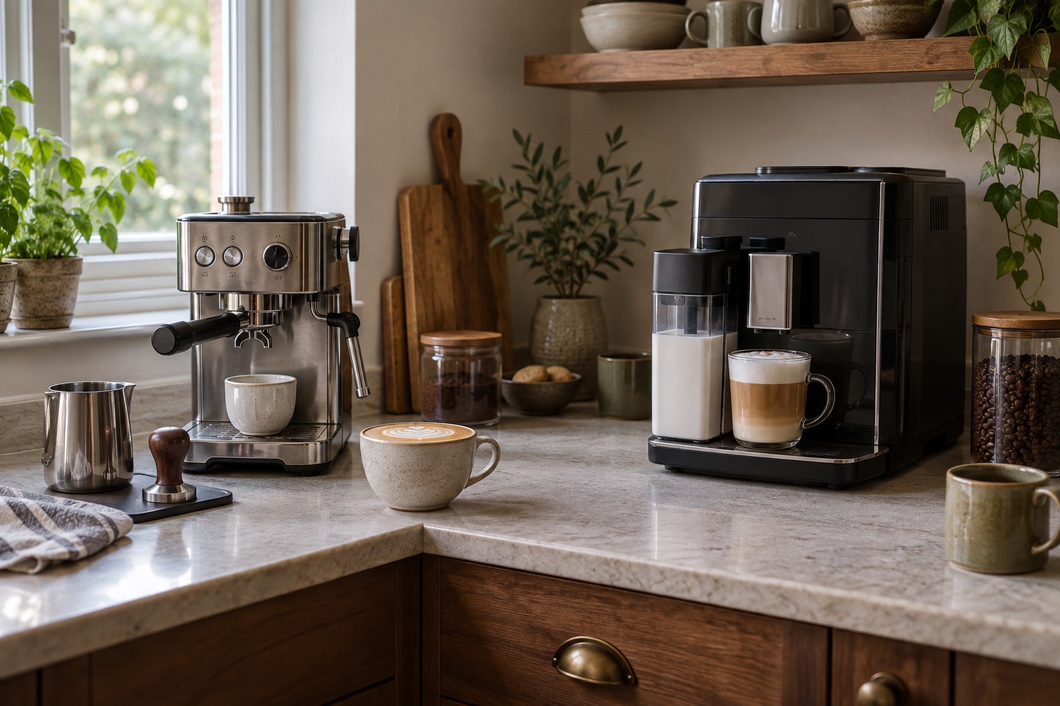Manual espresso machine with steam wand beside a separate automatic machine with milk carafe.