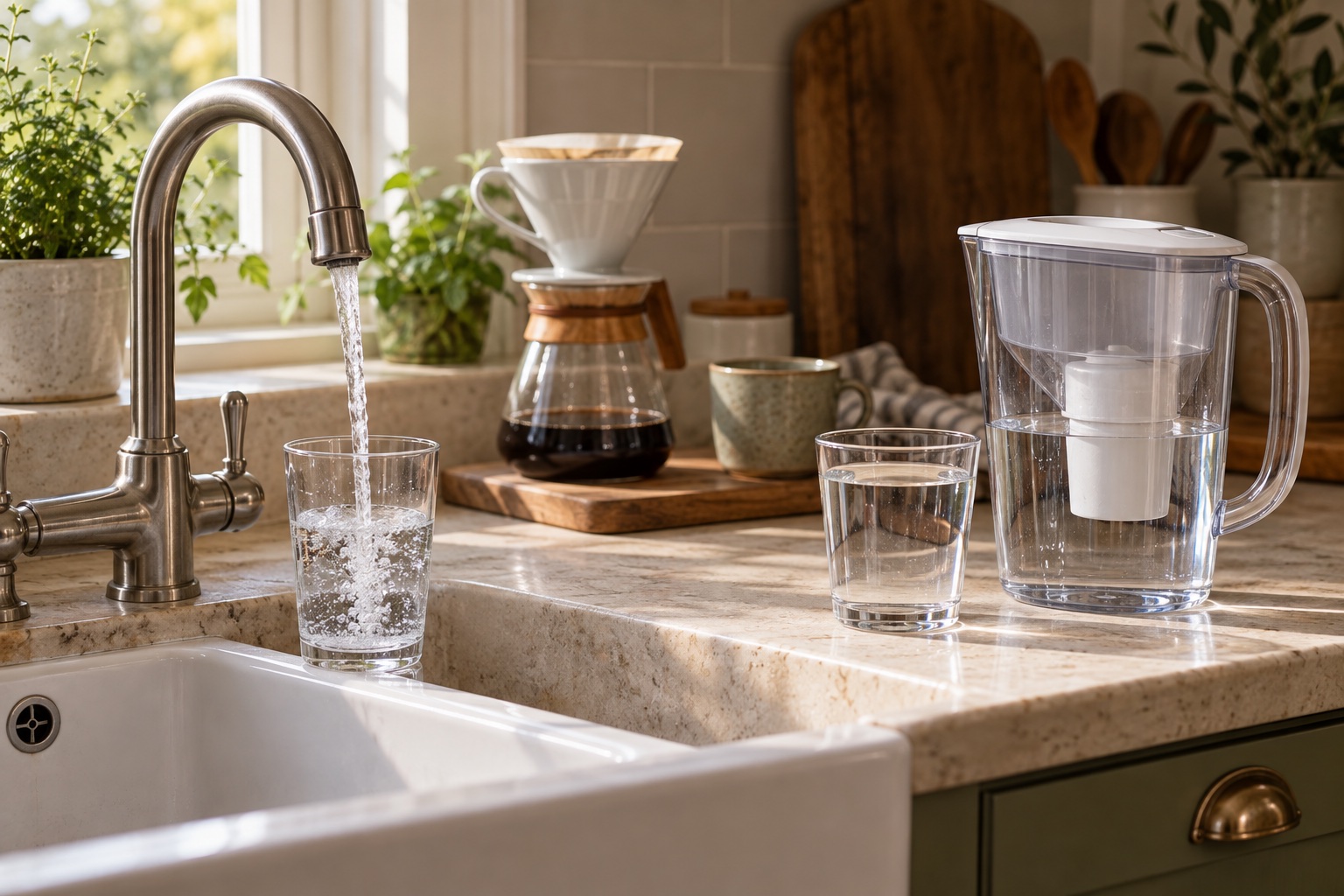 Cold kitchen tap filling a glass beside a separate water-filter jug and pour-over brewer.