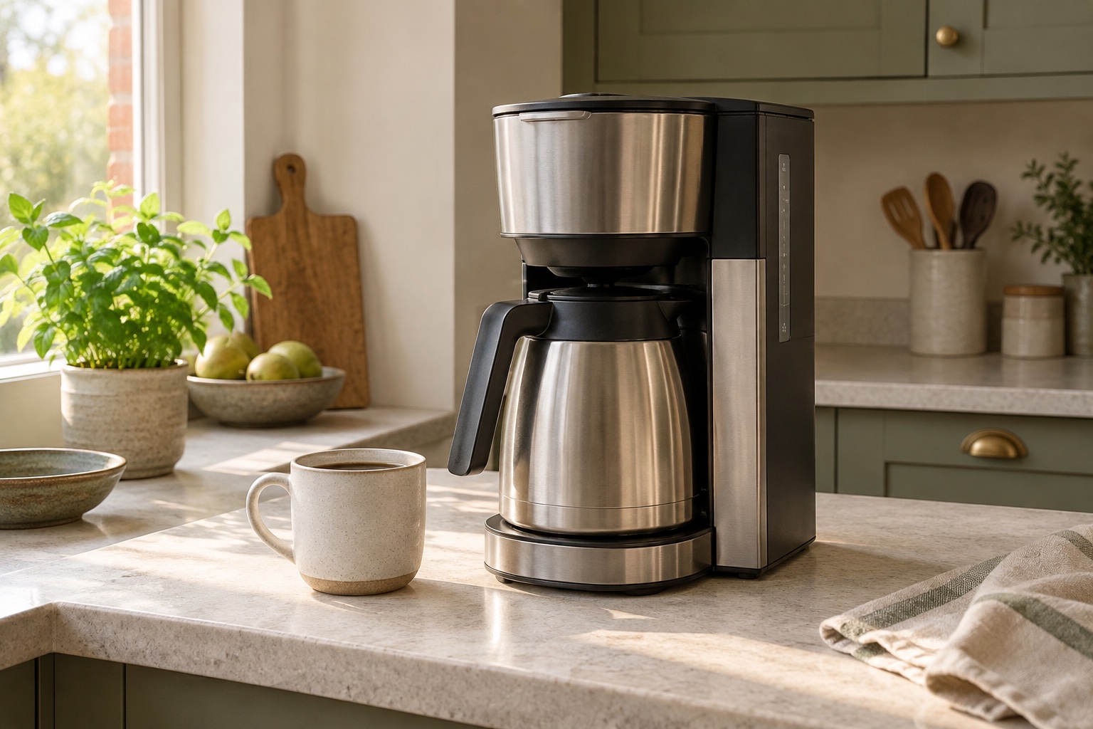 Unbranded filter coffee machine with an insulated stainless-steel carafe and a mug on a home counter.
