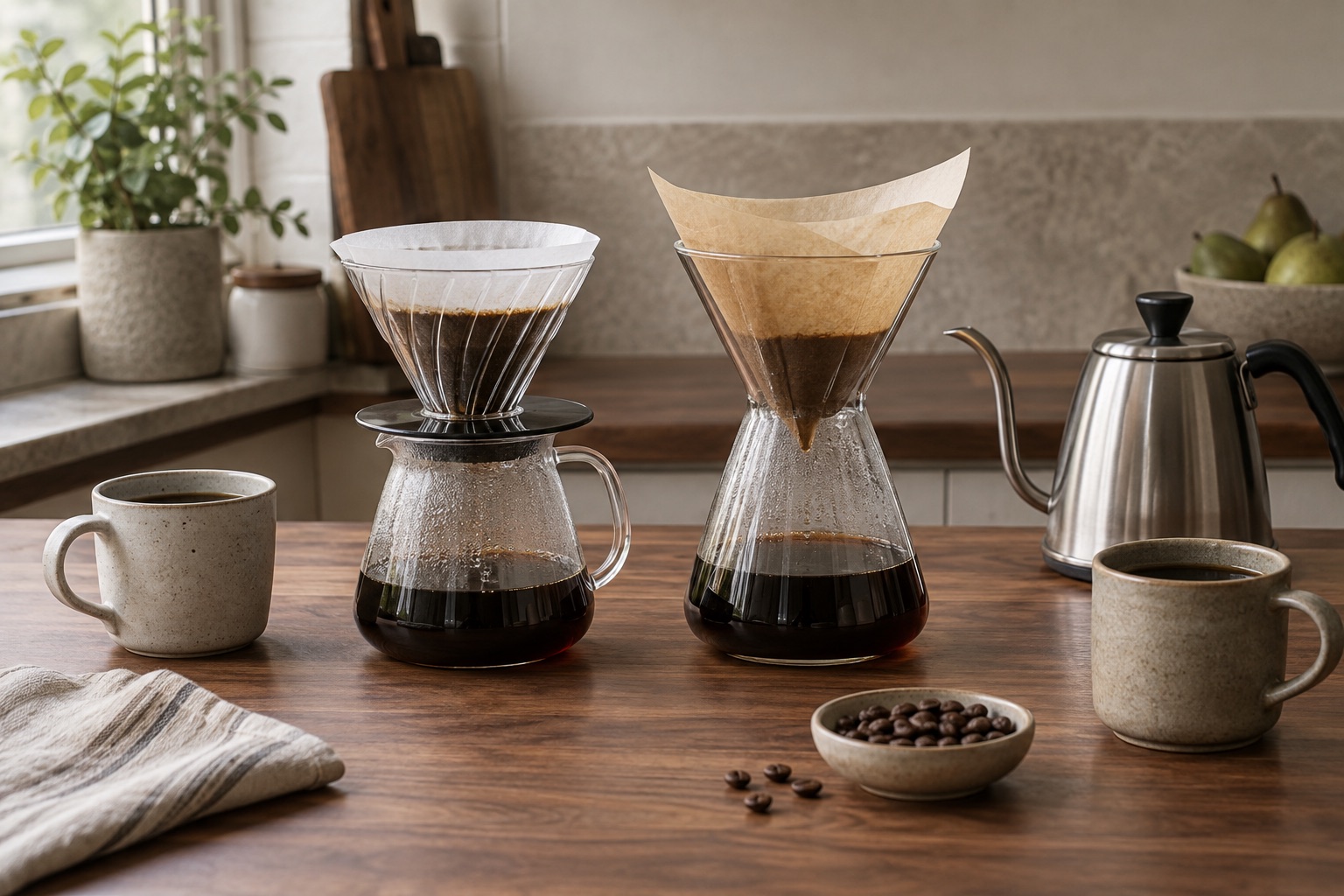 Generic cone dripper and separate glass pour-over vessel with filters on a wooden kitchen table.