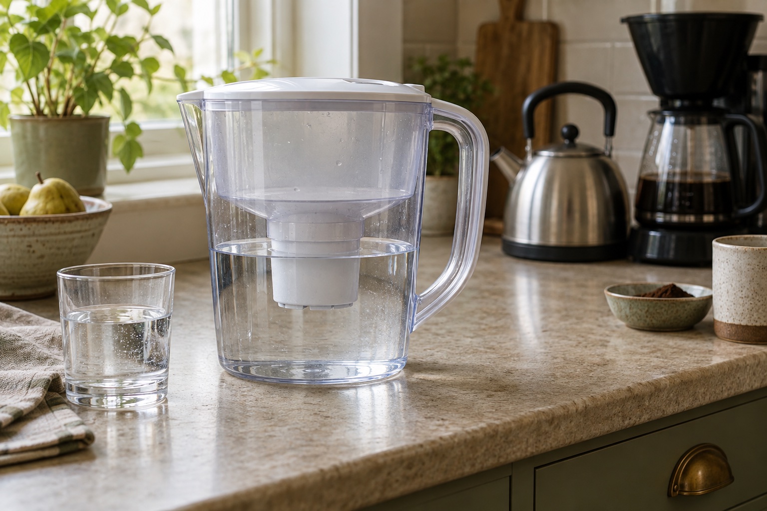 Unbranded filter jug beside tap water, a kettle and a filter coffee machine on a kitchen counter.