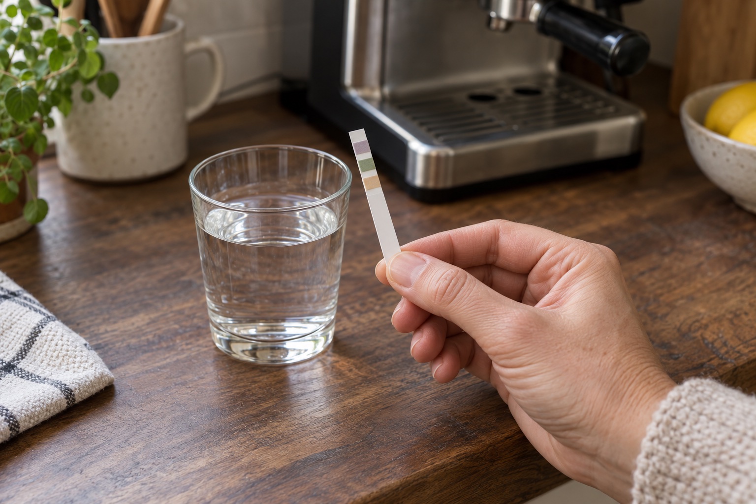 Hand holding an unlabelled hardness test strip beside a glass of tap water; no exact result is implied.