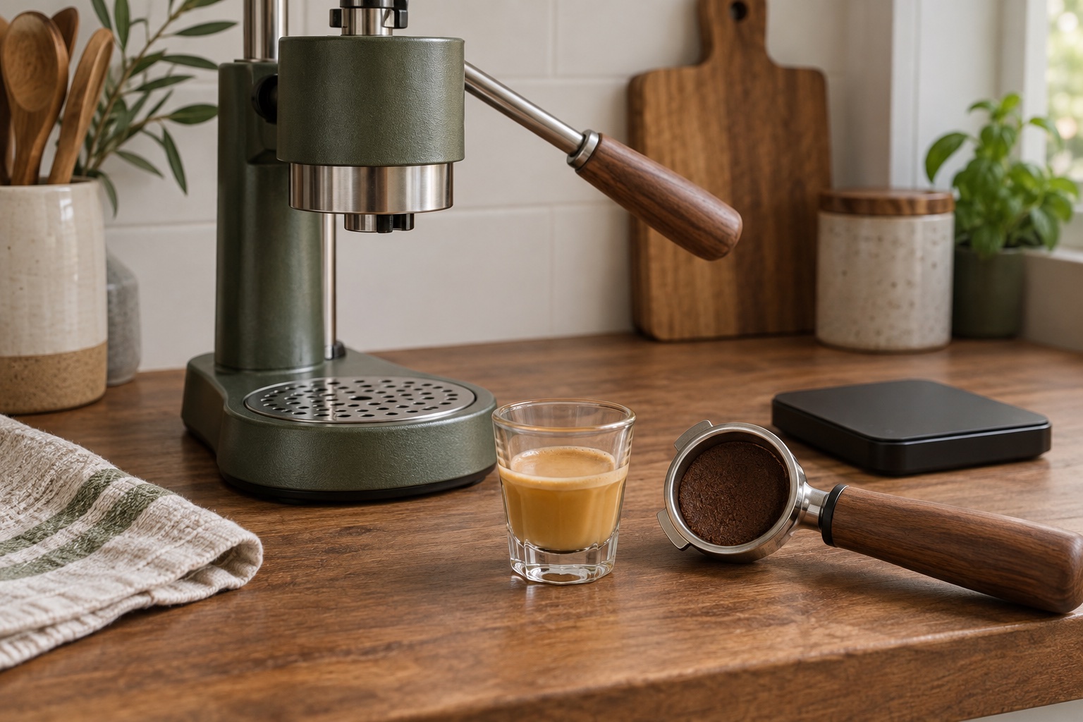 Pale espresso shot beside a portafilter and generic compact machine on a home counter.