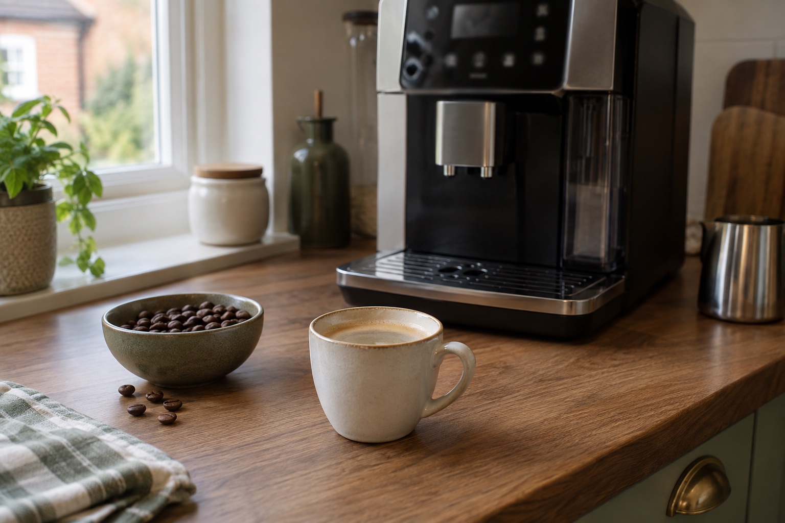 Light-looking black coffee beside beans and a generic automatic coffee machine.
