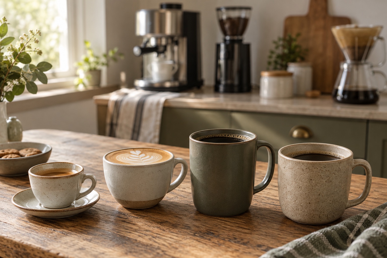 Four different home coffee drinks on a kitchen table, from espresso to filter coffee.