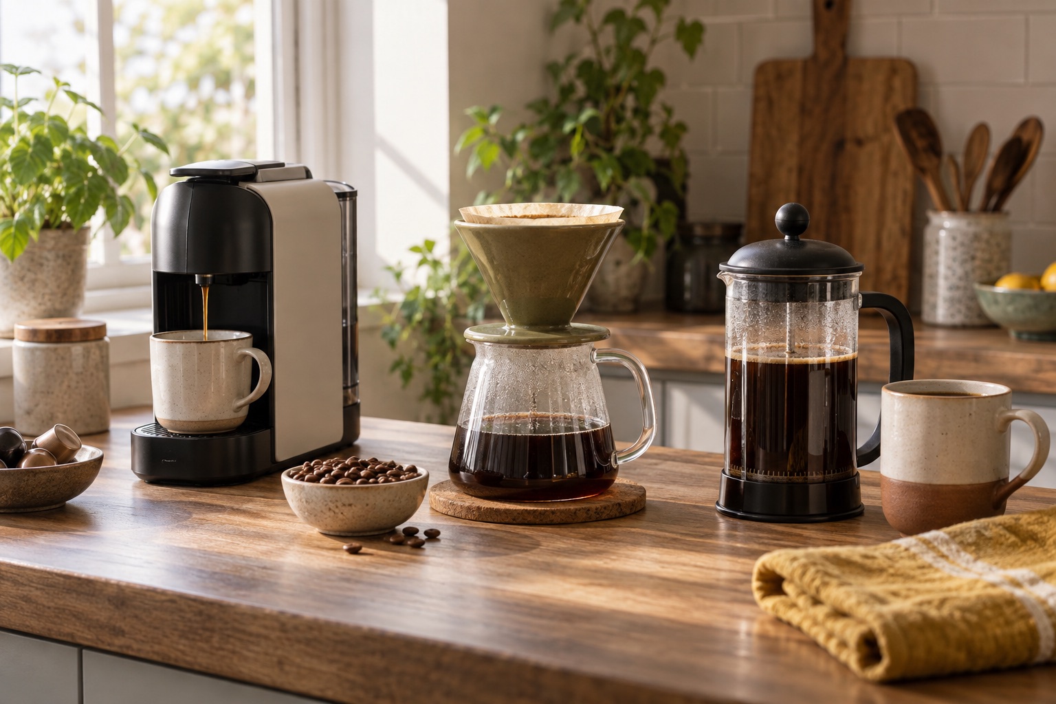 Three unbranded home-coffee routes: pod machine, pour-over and cafetière.